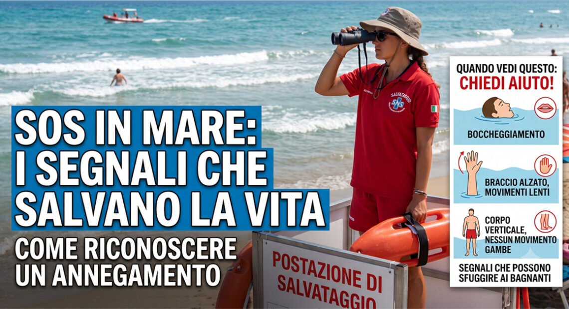 Una bagnina di salvataggio osserva il mare con un binocolo da una torretta. Accanto a lei c'è un'infografica che spiega come riconoscere un annegamento. Il testo sull'infografica elenca i seguenti segnali di annegamento