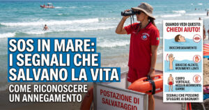 Una bagnina di salvataggio osserva il mare con un binocolo da una torretta. Accanto a lei c'è un'infografica che spiega come riconoscere un annegamento. Il testo sull'infografica elenca i seguenti segnali di annegamento