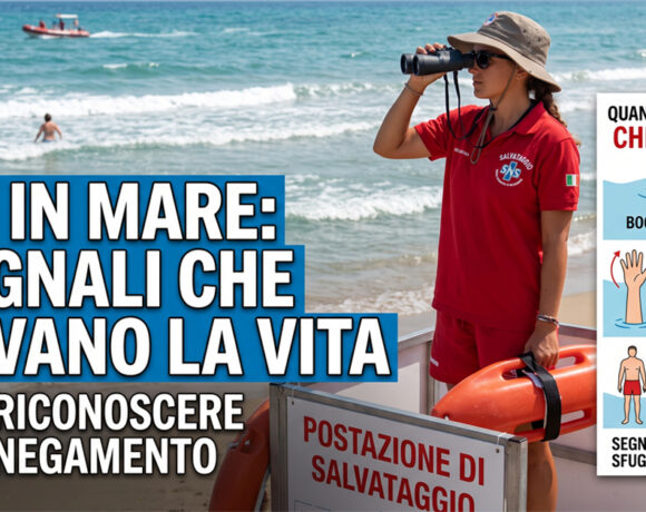 Una bagnina di salvataggio osserva il mare con un binocolo da una torretta. Accanto a lei c'è un'infografica che spiega come riconoscere un annegamento. Il testo sull'infografica elenca i seguenti segnali di annegamento