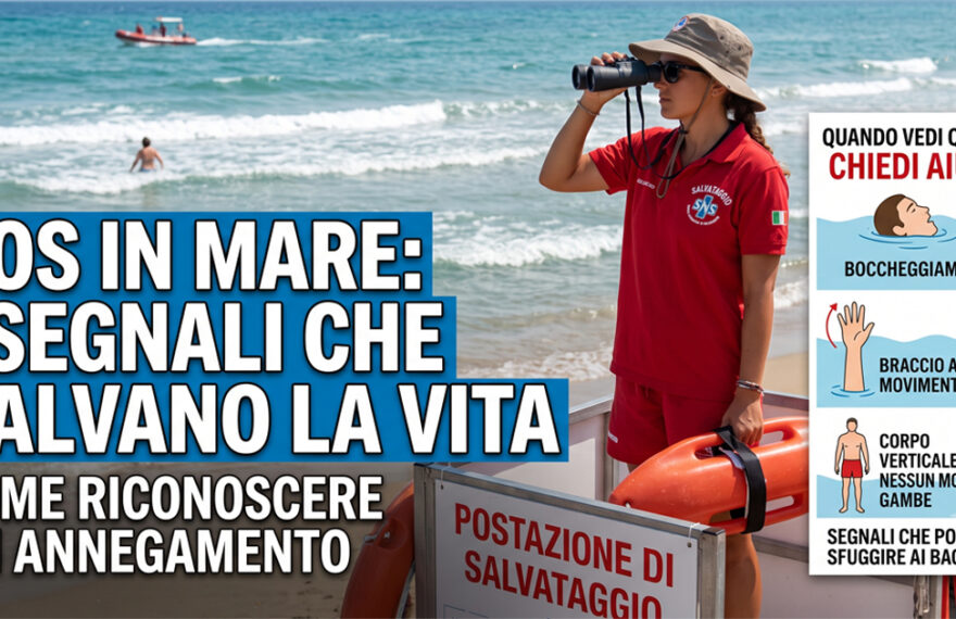 Una bagnina di salvataggio osserva il mare con un binocolo da una torretta. Accanto a lei c'è un'infografica che spiega come riconoscere un annegamento. Il testo sull'infografica elenca i seguenti segnali di annegamento