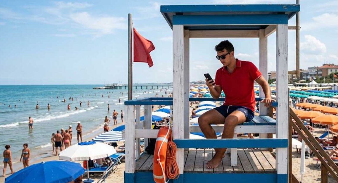 Assistente bagnanti in torretta di salvataggio mentre utilizza lo smartphone durante il servizio di vigilanza in spiaggia.