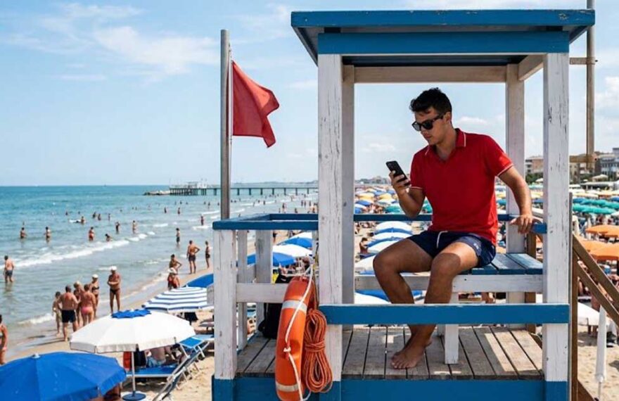 Assistente bagnanti in torretta di salvataggio mentre utilizza lo smartphone durante il servizio di vigilanza in spiaggia.