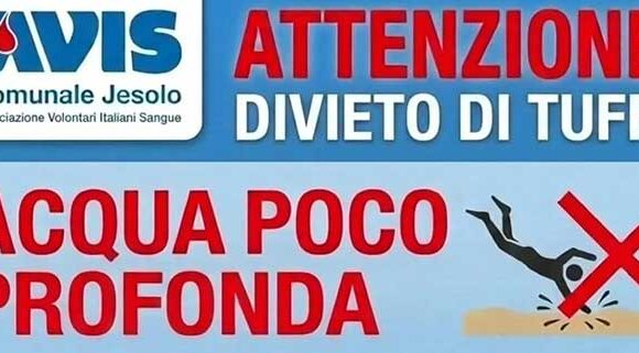 Locandina della campagna Avis Jesolo contro i tuffi pericolosi dai pontili con la scritta Tuffati nella solidarietà non nel pericolo.