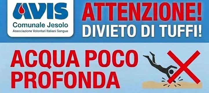 Locandina della campagna Avis Jesolo contro i tuffi pericolosi dai pontili con la scritta Tuffati nella solidarietà non nel pericolo.
