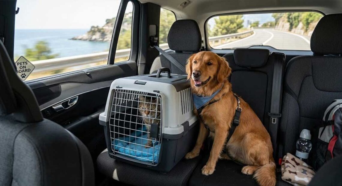 Un cane e un gatto nel trasportino seduti sui sedili posteriori di un'auto in viaggio lungo una strada panoramica di mare.