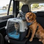 Un cane e un gatto nel trasportino seduti sui sedili posteriori di un'auto in viaggio lungo una strada panoramica di mare.