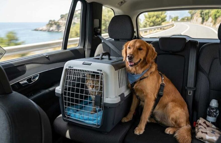 Un cane e un gatto nel trasportino seduti sui sedili posteriori di un'auto in viaggio lungo una strada panoramica di mare.