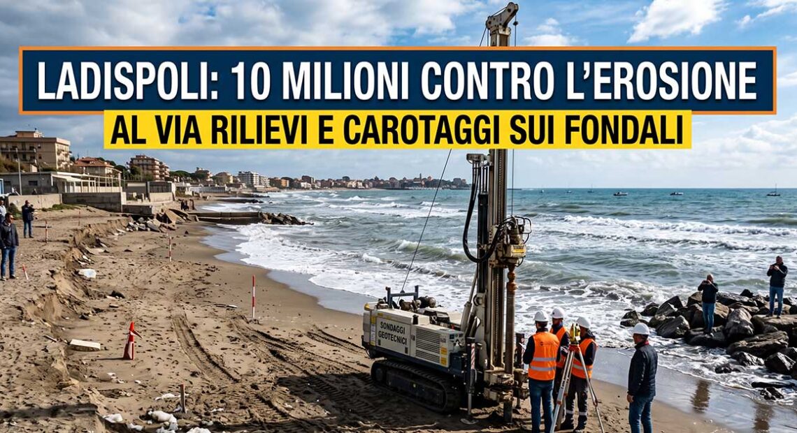 Geologi effettuano carotaggi tecnici sulla spiaggia di Ladispoli per il piano anti-erosione da 10 milioni di euro (immagine AI)