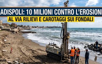 Geologi effettuano carotaggi tecnici sulla spiaggia di Ladispoli per il piano anti-erosione da 10 milioni di euro (immagine AI)