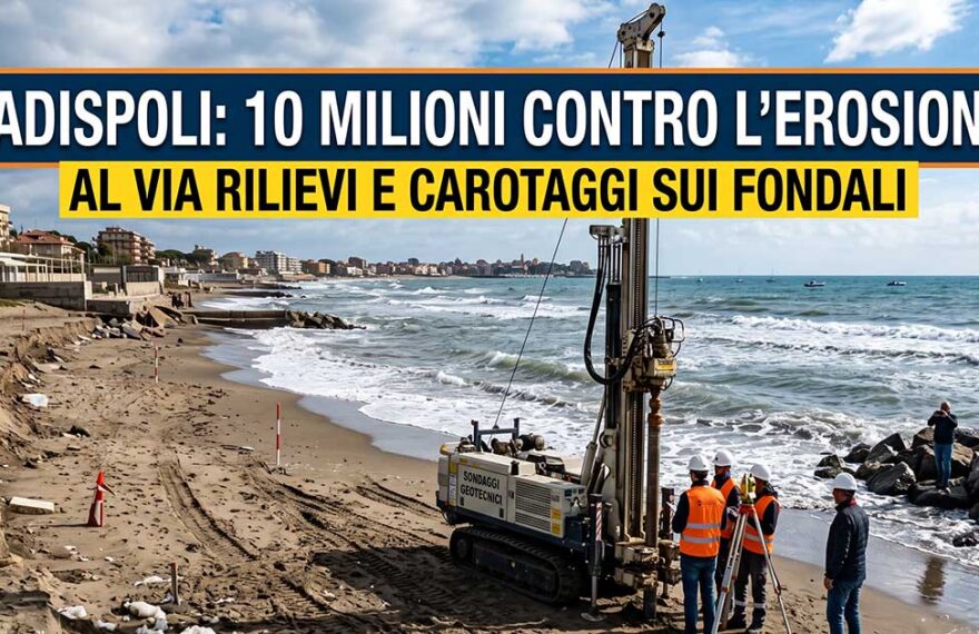 Geologi effettuano carotaggi tecnici sulla spiaggia di Ladispoli per il piano anti-erosione da 10 milioni di euro (immagine AI)