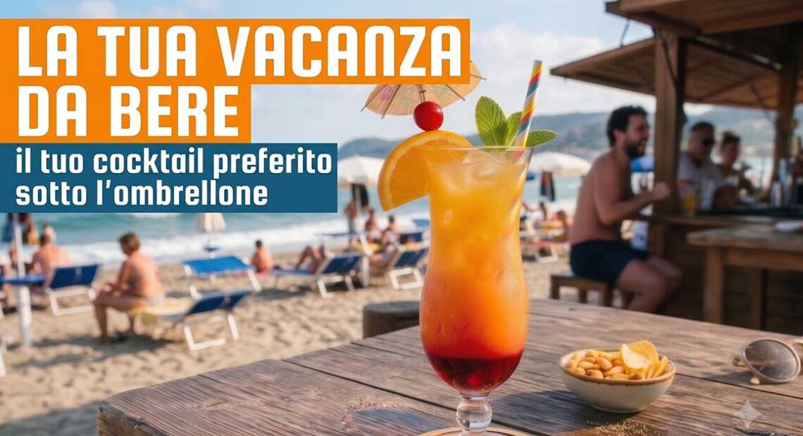 Un bicchiere di cocktail esotico (Tequila Sunrise) con frutta e ombrellino su un tavolo di legno in una spiaggia italiana affollata, con scritte sovrapposte "La tua vacanza da bere" e "il tuo cocktail preferito sotto l'ombrellone".