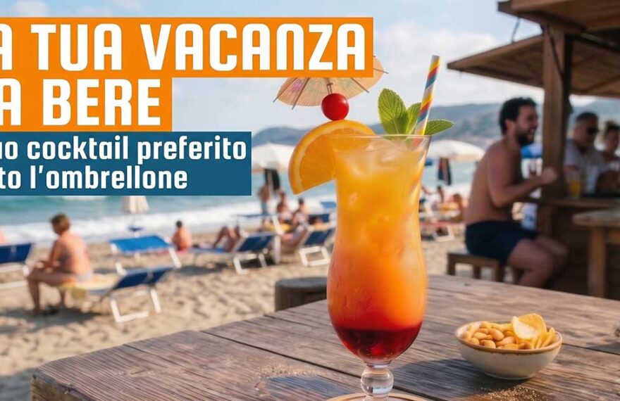 Un bicchiere di cocktail esotico (Tequila Sunrise) con frutta e ombrellino su un tavolo di legno in una spiaggia italiana affollata, con scritte sovrapposte "La tua vacanza da bere" e "il tuo cocktail preferito sotto l'ombrellone".