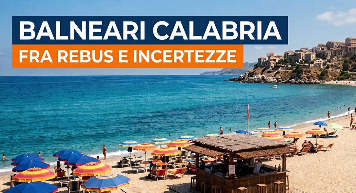 Spiaggia in Calabria con stabilimento balneare e titolo Balneari Calabria fra rebus e incertezze.