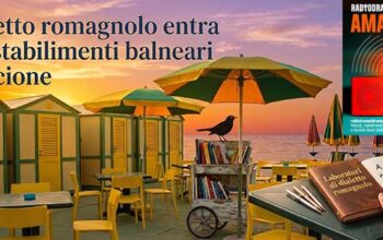 Immagine grafica con il titolo dell'articolo sul dialetto romagnolo a Riccione, la locandina dell'evento Amareina e uno sfondo della spiaggia al tramonto.