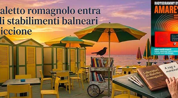 Immagine grafica con il titolo dell'articolo sul dialetto romagnolo a Riccione, la locandina dell'evento Amareina e uno sfondo della spiaggia al tramonto.