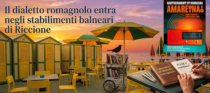 Immagine grafica con il titolo dell'articolo sul dialetto romagnolo a Riccione, la locandina dell'evento Amareina e uno sfondo della spiaggia al tramonto.