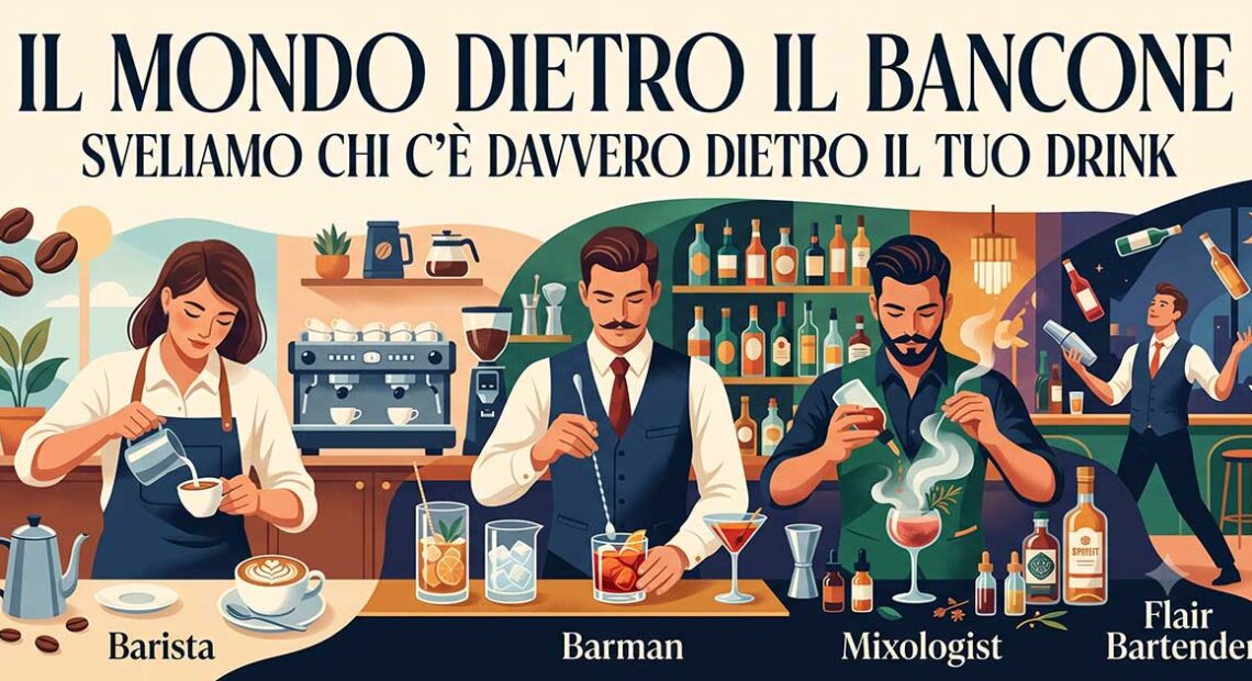 Illustrazione stilizzata che mostra la differenza tra barista barman e bartender al bancone di un bar e beach bar