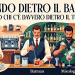 Illustrazione stilizzata che mostra la differenza tra barista barman e bartender al bancone di un bar e beach bar
