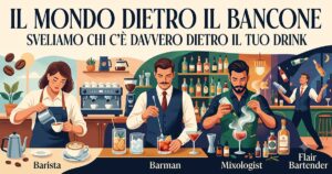 Illustrazione stilizzata che mostra la differenza tra barista barman e bartender al bancone di un bar e beach bar