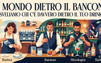Illustrazione stilizzata che mostra la differenza tra barista barman e bartender al bancone di un bar e beach bar