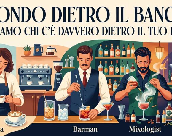 Illustrazione stilizzata che mostra la differenza tra barista barman e bartender al bancone di un bar e beach bar