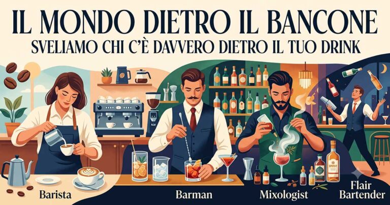 Illustrazione stilizzata che mostra la differenza tra barista barman e bartender al bancone di un bar e beach bar