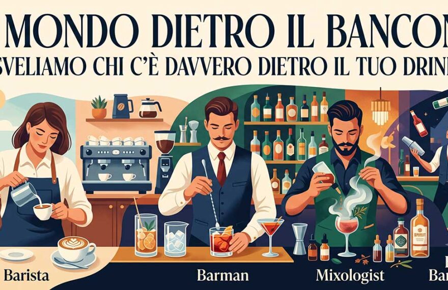 Illustrazione stilizzata che mostra la differenza tra barista barman e bartender al bancone di un bar e beach bar