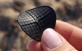 Dettaglio di un dischetto nero di plastica tipo carrier per depuratori ritrovato in spiaggia.