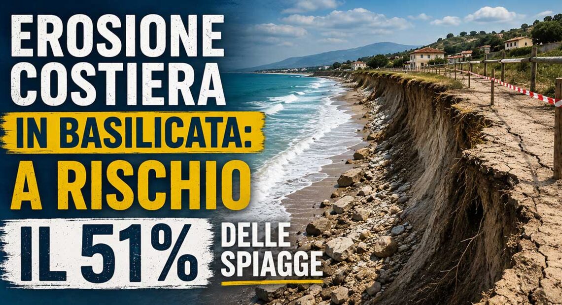 Grafica editoriale sull'erosione costiera in Basilicata con il litorale in arretramento