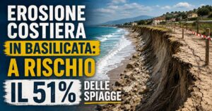 Grafica editoriale sull'erosione costiera in Basilicata con il litorale in arretramento
