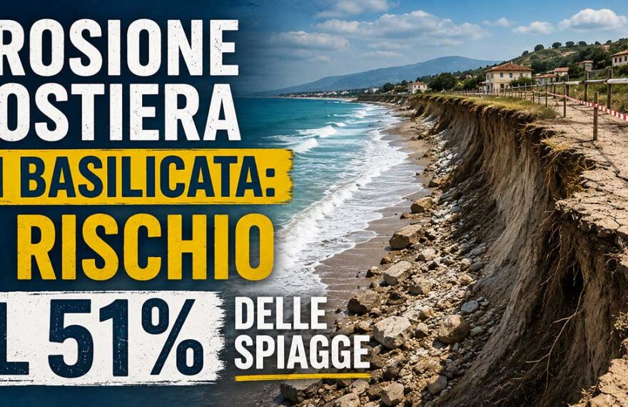 Grafica editoriale sull'erosione costiera in Basilicata con il litorale in arretramento