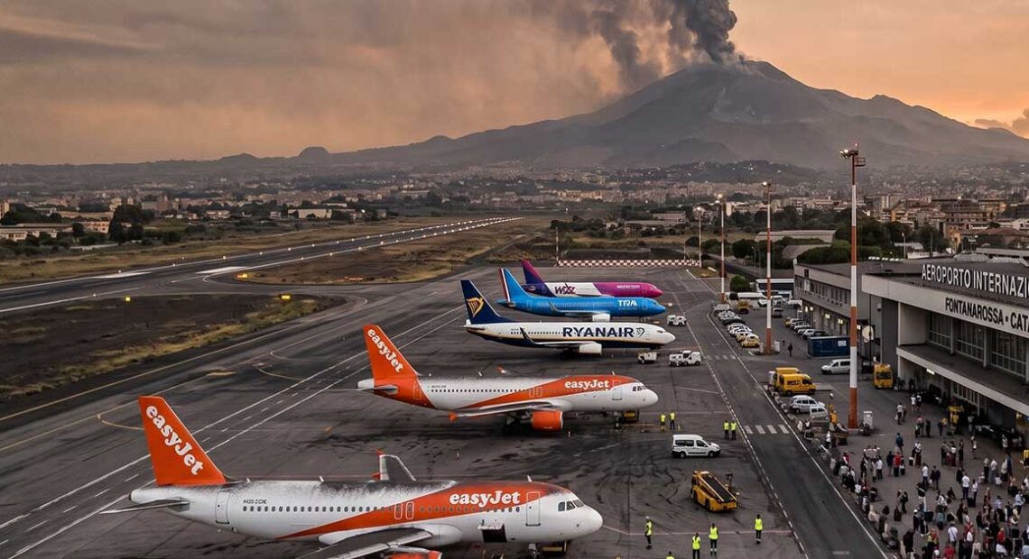 Vista panoramica dell'aeroporto di Catania con aerei di EasyJet e Ryanair a terra e una densa nube di fumo vulcanico che si alza dall'Etna sullo sfondo al tramonto.