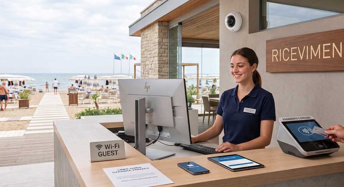 La reception di un lido moderno con gestionali, monitor e POS per la gestione digitale e i pagamenti cashless.