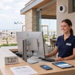 La reception di un lido moderno con gestionali, monitor e POS per la gestione digitale e i pagamenti cashless.