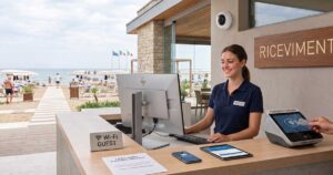 La reception di un lido moderno con gestionali, monitor e POS per la gestione digitale e i pagamenti cashless.