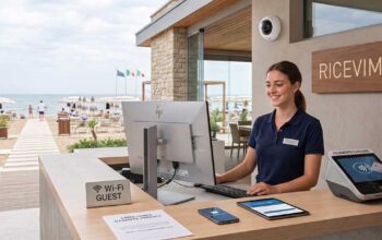 La reception di un lido moderno con gestionali, monitor e POS per la gestione digitale e i pagamenti cashless.