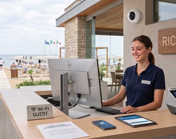 La reception di un lido moderno con gestionali, monitor e POS per la gestione digitale e i pagamenti cashless.