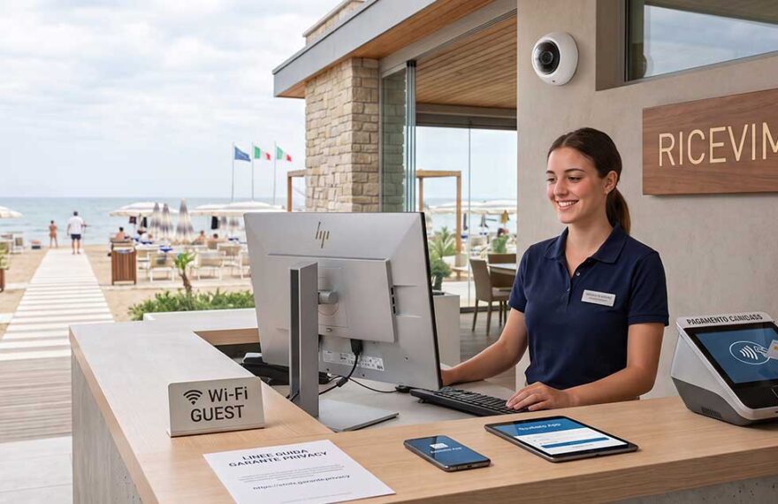 La reception di un lido moderno con gestionali, monitor e POS per la gestione digitale e i pagamenti cashless.