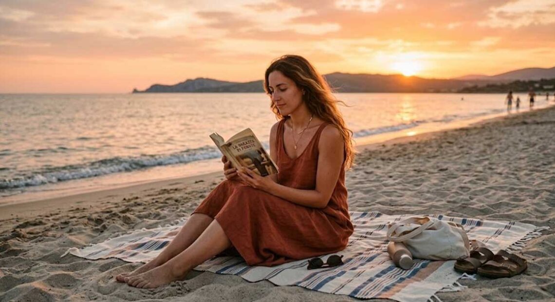 Una donna legge un libro seduta su un telo in spiaggia al tramonto