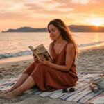 Una donna legge un libro seduta su un telo in spiaggia al tramonto