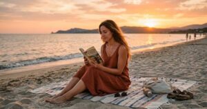 Una donna legge un libro seduta su un telo in spiaggia al tramonto
