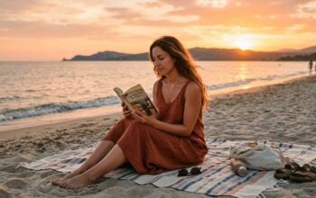 Una donna legge un libro seduta su un telo in spiaggia al tramonto