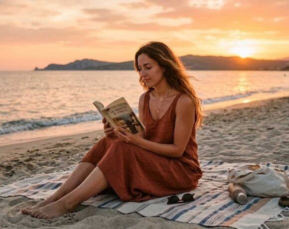 Una donna legge un libro seduta su un telo in spiaggia al tramonto