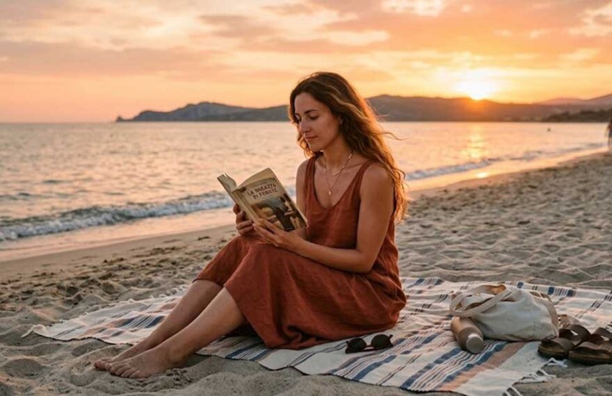 Una donna legge un libro seduta su un telo in spiaggia al tramonto