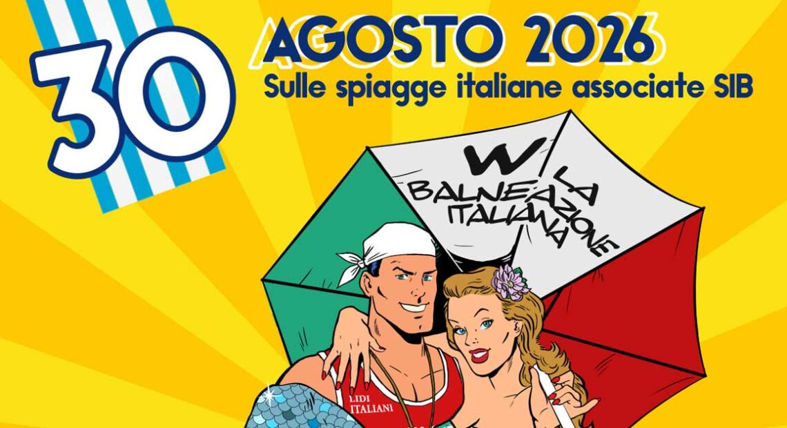 Locandina della Giornata del balneare SIB del 30 agosto 2026 con illustrazione in stile fumetto e ombrellone con la scritta Viva la balneazione italiana.