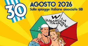 Locandina della Giornata del balneare SIB del 30 agosto 2026 con illustrazione in stile fumetto e ombrellone con la scritta Viva la balneazione italiana.