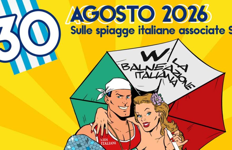 Locandina della Giornata del balneare SIB del 30 agosto 2026 con illustrazione in stile fumetto e ombrellone con la scritta Viva la balneazione italiana.