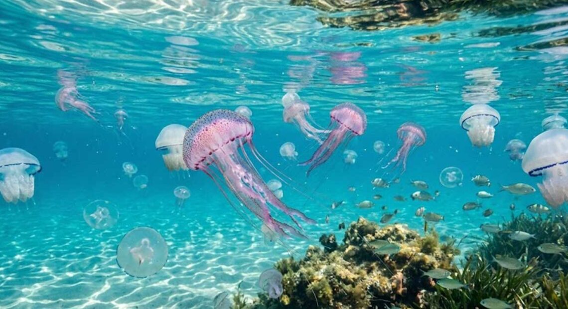 Diverse meduse che nuotano sotto la superficie dell'acqua cristallina di un mare trasparente