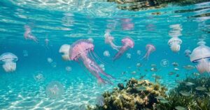 Diverse meduse che nuotano sotto la superficie dell'acqua cristallina di un mare trasparente