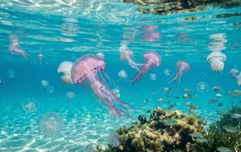 Diverse meduse che nuotano sotto la superficie dell'acqua cristallina di un mare trasparente
